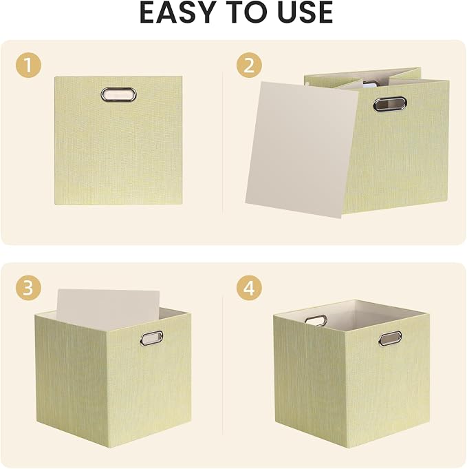Posprica Foldable Storage Bins,13×13×13 Storage Cubes Boxes Baskets Containers for Shelf Bookcase,Thick Fabric Drawers - Set of 4, Yellow/Beige mixed