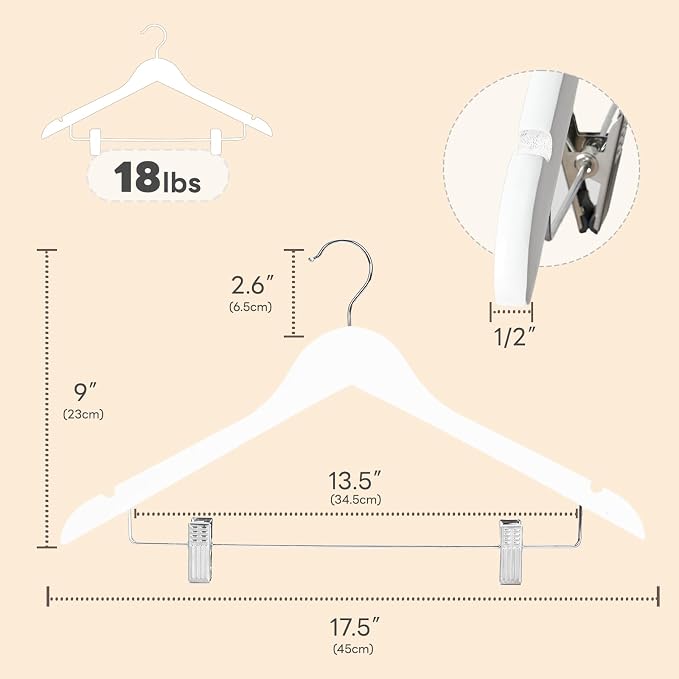 HOUSE DAY Wooden Hangers with Clips 24 Pack, Heavy Duty White Wood Pants Hanger, Premium Skirt Hanger with Adjustable Clips, Solid Clip Hangers for Suit, Blouse, Dress, Coat, Jacket, Bottom