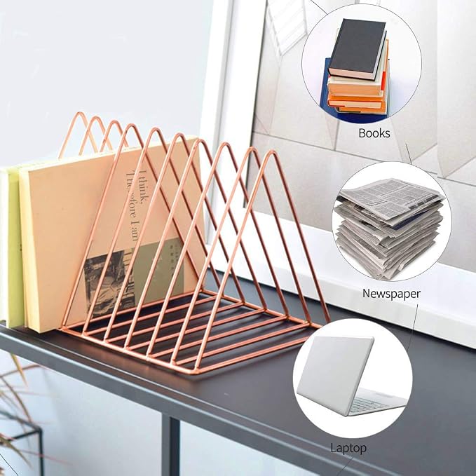 Magazine Rack Book Record Holder, Desktop Iron Storage Rack Bookshelf Multifunction Triangle File Organizer Decor Home Office (Rose gold)