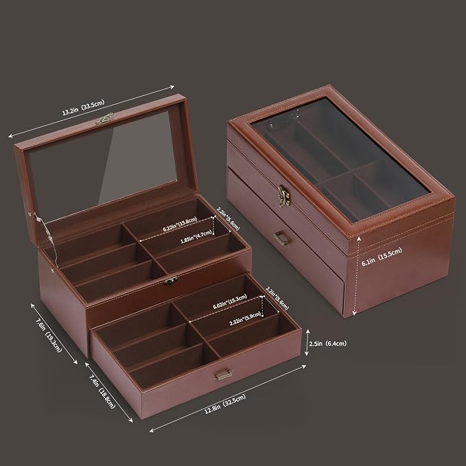 AUTOARK Leather & Velvet 12 Piece Eyeglasses Display Case,Coffee,AW-164 | Clear Lid,Storage and Sunglass Organizer,Drawer Lockable