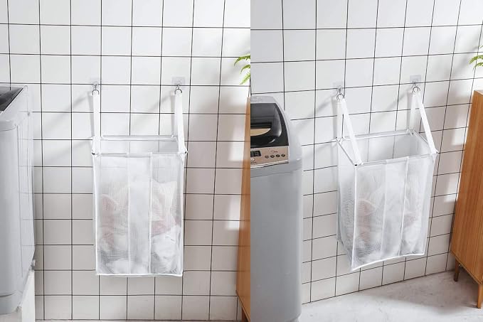 ALYER Wall Hanging Mesh Laundry Hamper,Over the Door Large Storage Bag with Big Metal Support Opening,Hardware Included (White)