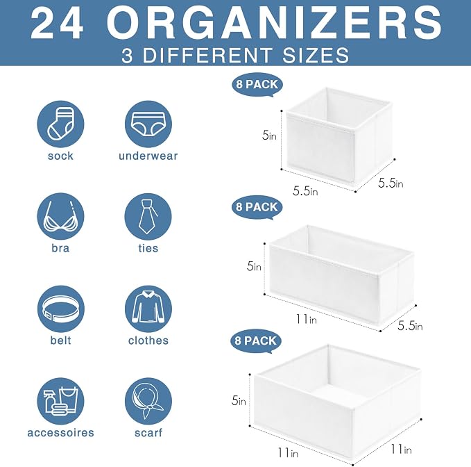 Criusia Drawer Organizer Clothes, 24 Pack Dresser Organizer Bins for Nursery Bedroom, Closet Organization and Storage Dividers for Clothing, Baby Clothes, Underwears, Socks (White)