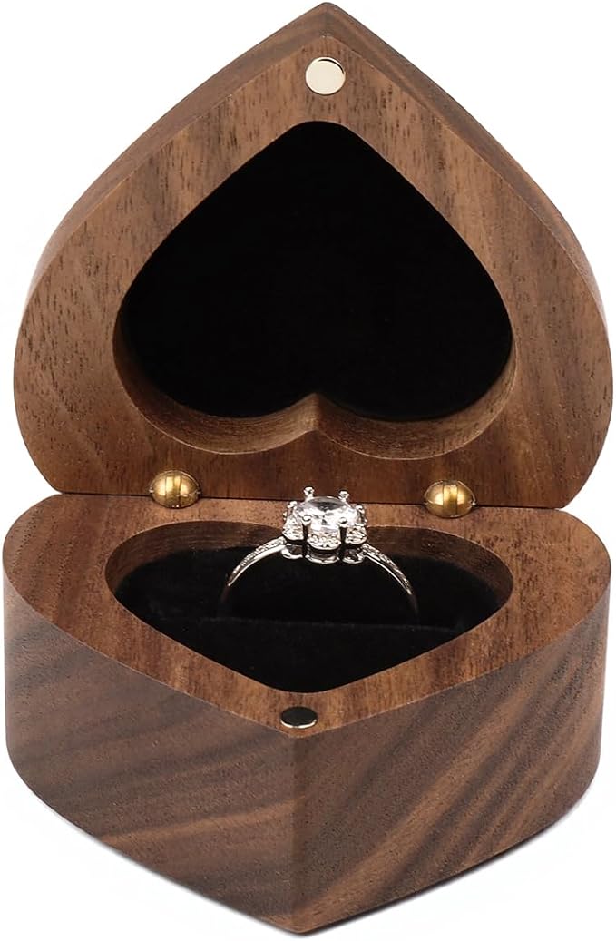 Engagement Proposal Ring Box Secret Slim Storage Wooden Heart Case | Walnut Wood Ring Bearer Box Jewelry Storage Holder Collection & Display for Wedding Ceremony Commemoration Day