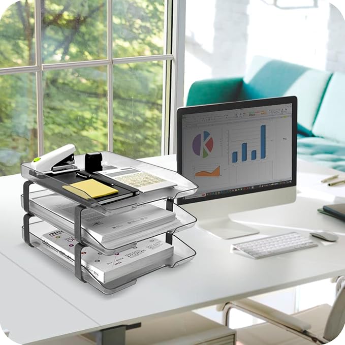 Acrimet Traditional 3 Tier Letter Tray, Front Load Design, A4 Letter Size, Desktop Organizer (Plastic) (Clear Crystal Color)