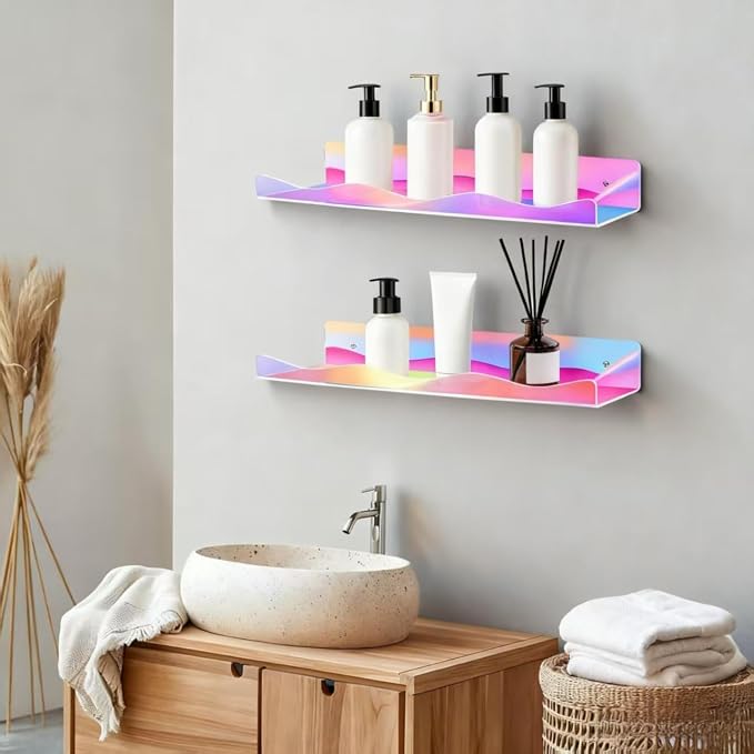 4 Pack Iridescent Acrylic Floating Shelves, 15.7" Clear Acrylic Display Shelves Bookshelf Wall Mounted, Bathroom Kids Room Home Storage Wall Decor Ledge Shelf for Skincare, Perfume, Nail Polish
