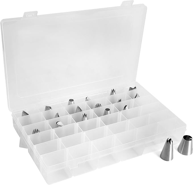 Piping Tip Organizer Box, 36 Grids Storage Container with Adjustable Dividers, Made with Clear Plastics, Compartment Container for Cake Decorating Tools, Baking Tools, Jewelry, Beads and Small Crafts