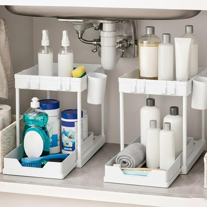 Undersink Organizer, 2-Tier Under Sink Storage Rack with Sliding Drawers for Kitchen Bathroom Cabinets, Pull Out Organizer for Pantry, Laundry Room & Closet Organization - 2 Pack, White