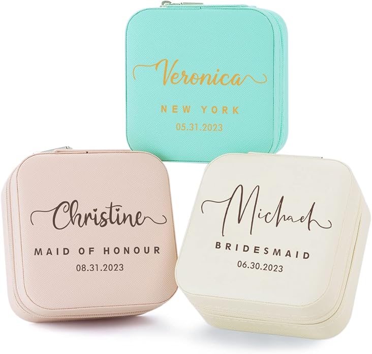 Bridesmaid Gifts Jewelry Box Personalized Small Jewelry Travel Case Custom PU Leather Portable Bridesmaid Proposal Boxes Mini Jewellery Organizer Storage Earrings Rings Necklaces for Women Girls-Pink
