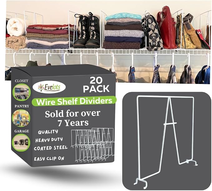 Evelots Wire Shelf Dividers -20 Pack- Closet Storage & Organization for Office/Pantry/Garage - Tall Shelf Separator - Easy Clip-No Tool - Solid Coated Steel
