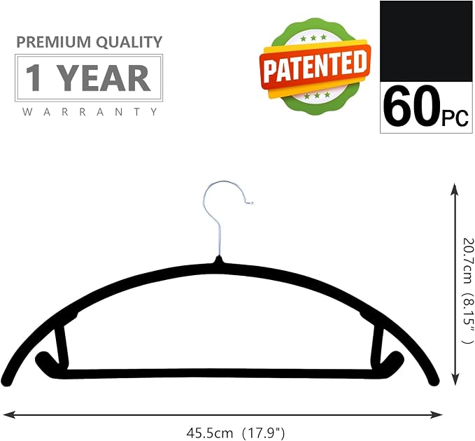 MIZGI Premium Velvet Hangers 60 Pack Heavyduty- Non Slip No Shoulder Bump Suit Hanger - Chrome Hooks,Space Saving Clothes Rounded Shape for Coat,Sweater,Jackets,Pants
