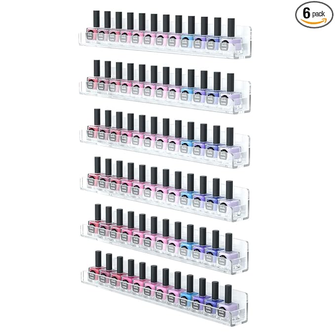 FEMELI Nail Polish Wall Rack: 6 Shelves 15 Inch Clear Acrylic Nail Polish Organizer for 66-90 Bottles Multi-Purpose Acrylic Floating Shelves (15 Inch, Clear)