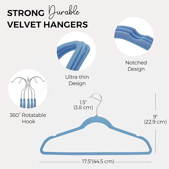 HOUSE DAY Premium Velvet Hangers 50 Pack Blue, Non-Slip Flocked Felt Hangers, Sturdy Clothes Hanger with 360° Rotatable Hook, Heavy Duty Durable Slim Coat Hanger for Closet Space Saving