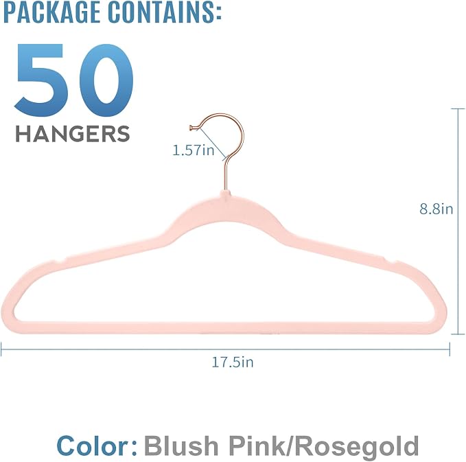 TIMMY Velvet Hangers - Suit (50-Pack) Ultra Thin Coat Hangers with Heavy Duty Construction, Holds up to 10 Lbs - Blush Pink/Rosegold Finishes