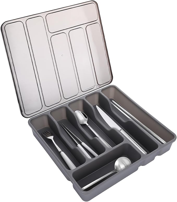 Gray Silverware Organizer with Lid,6 Compartment Flatware Organizer | Plastic Utensil Drawer Organizer for Kitchen and Countertop, Silverware Tray for Knives Forks Spoons Holder Case 12.6x11.8In