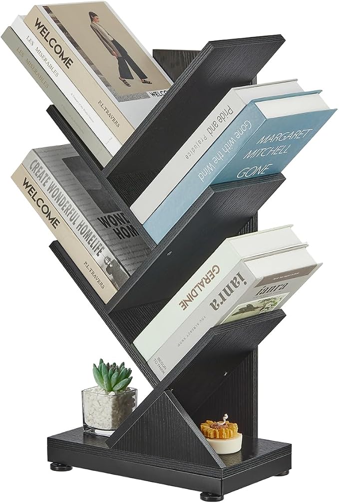 ruboka 5 Tier Tree Bookshelf, Small Bookcase, Black, 11.8"*7.4"*24" | Retro Narrow Bookshelves for CDs/Magazines, Book Shelf for Bedroom, Living Room, Office, Balcony, Study Room