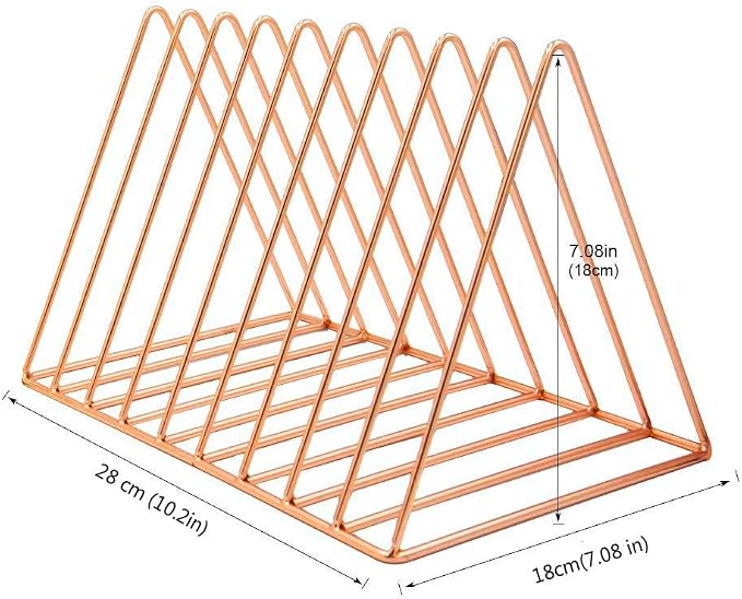 Magazine Rack Book Record Holder, Desktop Iron Storage Rack Bookshelf Multifunction Triangle File Organizer Decor Home Office (Rose gold)