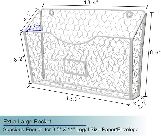 PAG 3 Pockets Hanging File Holder Wall Mount Mail Organizer Metal Chicken Wire Magazine Rack with Tag Slot, White