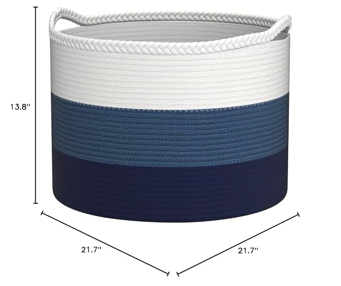 COMSE Extra Large Blanket Basket, Woven Laundry Basket, 21.7”x 13.8”, Nursery Hamper, Cotton Rope Laundry Hamper Living Room for Storage Toys Clothes Towels (White & Cadet Blue & Navy Blue)