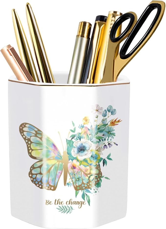 Pencil Pen Holder for Desk, Ceramic Cute Makeup Brush Holder, Desktop Supplies and Accessories for Women Students, Art Supply Caddy, Butterfly Pattern