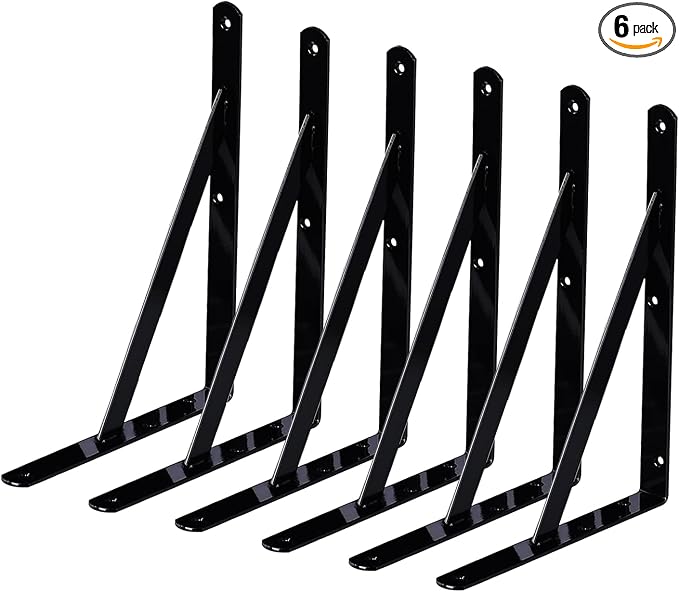 Shelf Brackets 6 Pack 16 inch Heavy Duty Metal L Brackets for Shelf 16"x10" Black Iron Wall Mount Screw Included