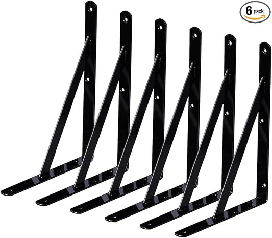Shelf Brackets 6 Pack 16 inch Heavy Duty Metal L Brackets for Shelf 16"x10" Black Iron Wall Mount Screw Included