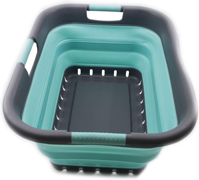 SAMMART 41L (10.8 Gallon) Collapsible Plastic Laundry Basket-Foldable Pop Up Storage Container/Organizer- Portable-Space Saving Hamper/Basket (3 handled rectangular, Medium Grey/Lake Green)