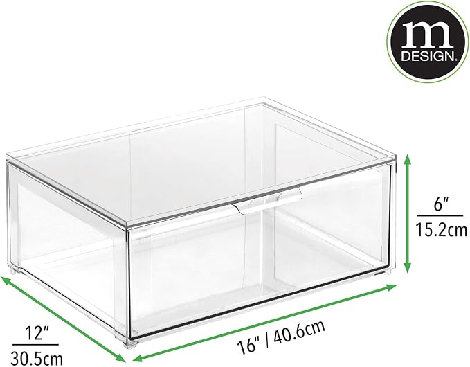 mDesign Plastic Stackable Bathroom Storage Organizer Bin Containers with Front Pull Drawer for Bathroom Countertop, Vanity, Closet Shelves - Holder for Accessories - Lumiere Collection, 2 Pack, Clear