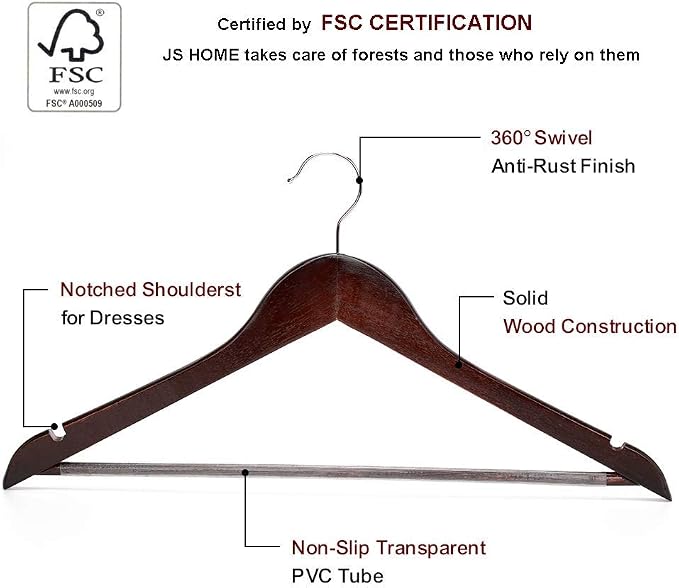Coat Hangers, 18 Pack Solid Wooden Suit Hangers with Notched Cut Shoulder, Non-Slip Pant Bar, Extra Smooth and Splinter Free Walnut Finish