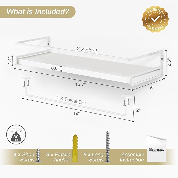 Forbena Bathroom Shelves for Wall Set of 2, White Nursery Floating Book Shelves for Kids Room, Small Wall Mount Bookshelf and Toy Storage Organizer for Baby Toddlers Teens Boys Girls Bedroom