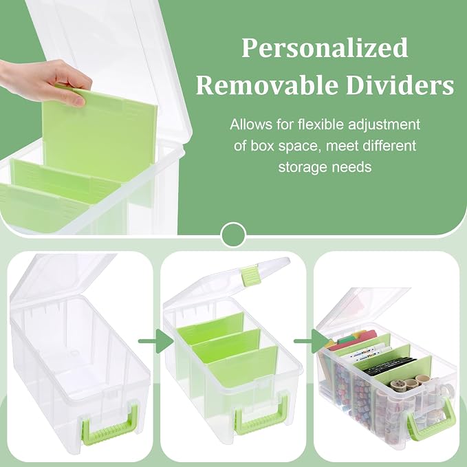 BTSKY Clear Plastic Dividing Storage Box with 4 Deep Compartments Adjustable Storage Bin with Lid Portable Craft Container Multipurpose Sewing Box Art Supply Organizer, 13.9x7.9x6.2 Inches, Green