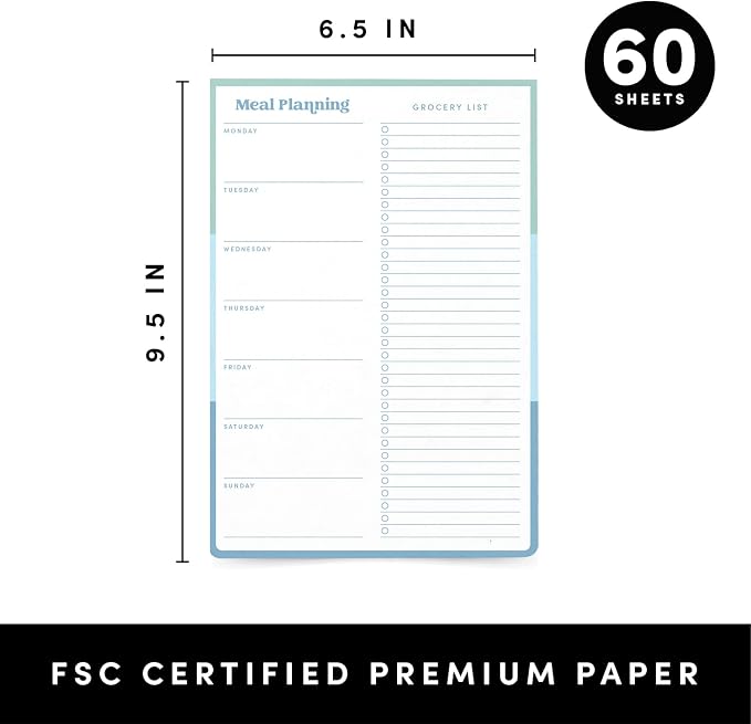 Weekly Meal Planner & Grocery List Notepad, 60 Sheets, 6.5 in x 9.5 in, Undated Meal Prep Planning Notepad & Shopping List Organizer for Home & Kitchen (Blue)