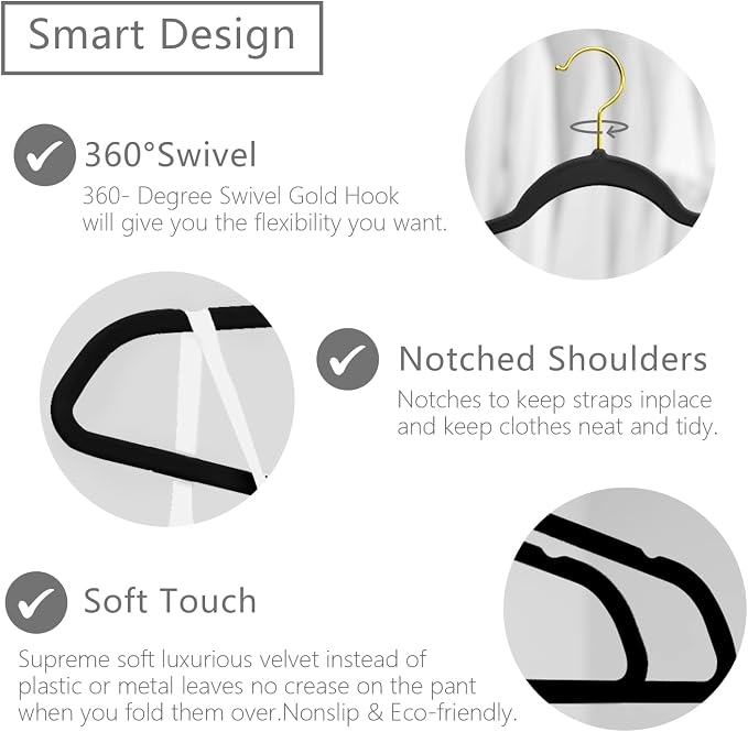 MIZGI Premium Velvet Hangers Pack 30 Pcs Heavyduty - Non Slip Slimline - Velvet Suit Hangers Black - Gold Hooks,Space Saving Clothes Hangers