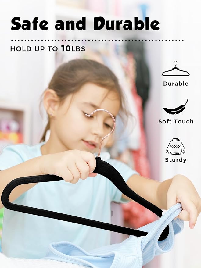 Smartor Kids Velvet Hangers 50 Pack, 14 Inch Premium Non Slip Kids Felt Hangers for Closet, Space Saving Toddler Clothes Hanger for Youth's Childrens' Clothes (Rose Gold Hook)- Black