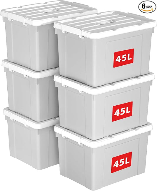 Cetomo Lidded Storage Bin with Handle, Tote Organizing Container with Durable Lid and Secure Latching Buckles, Stackable and Nestable, Plastic, 50 Quart-6 Pack, Gray