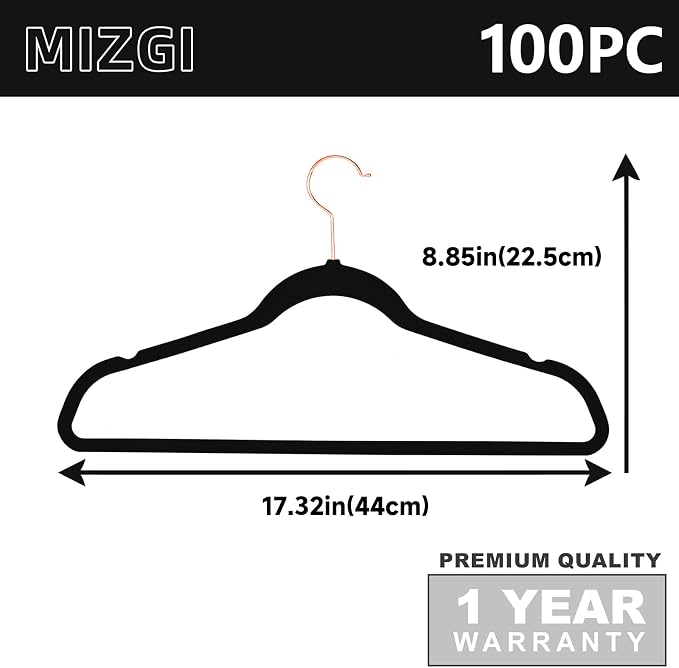 MIZGI Premium Velvet Hangers 100 Pack Heavy Duty - Non Slip Felt Hangers - Velvet Suit Hangers Black - Rose Gold Hooks,Space Saving Clothes Hangers