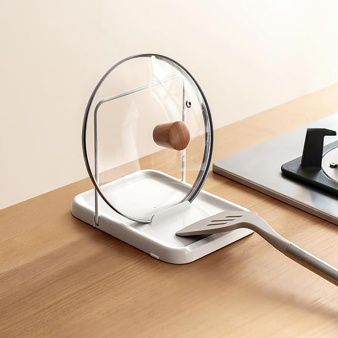 PAVSTINE Pot Lid Holder with Spoon Rest, Foldable, White | Foldable for Compact Storage, Nonslip Pads Prevent Sliding, Holds Lids & Cooking Utensils, Fits Kitchen Counter & Stove Top