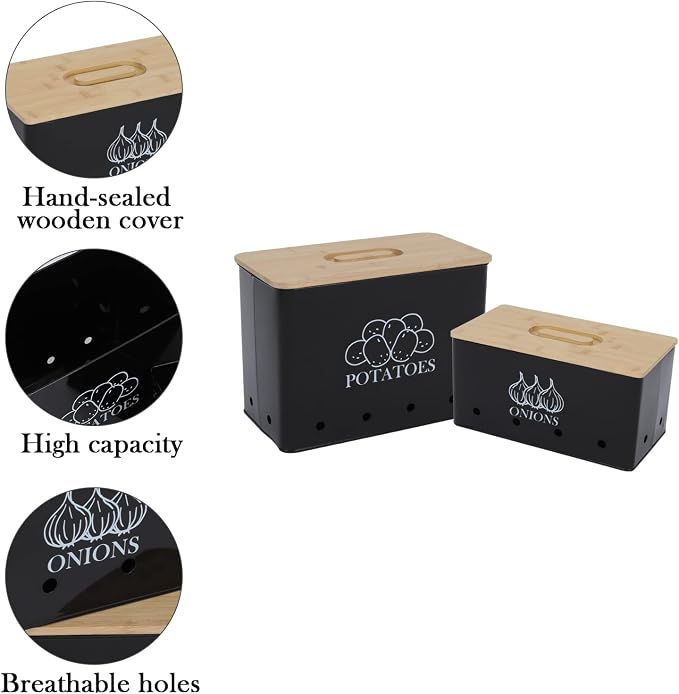 Potato Onion Storage Box, Food Container Sets, Storage Canisters for Vegeatables, Set of 2 Jars Pots Containers, Potato & Onion Bin with Aerating Tin Storage Holes & Bamboo Lid-Black