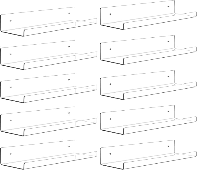 Dezzer 10 Pack Acrylic Shelves for Wall, 15" Clear Acrylic Floating Shelves for Bathroom Bedroom, Invisible Bookshelf Wall Ledge Storage Shelf Books Perfume Toys Action Figure Display Shelves