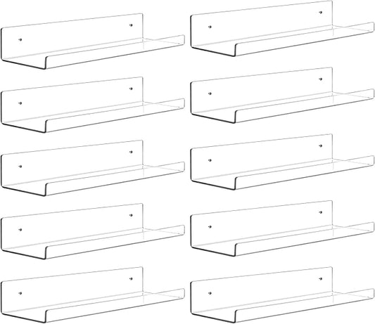 Dezzer 10 Pack Acrylic Shelves for Wall, 15" Clear Acrylic Floating Shelves for Bathroom Bedroom, Invisible Bookshelf Wall Ledge Storage Shelf Books Perfume Toys Action Figure Display Shelves