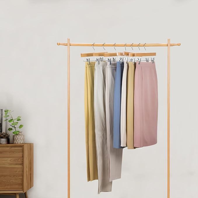 Nature Smile Wooden Pants Hangers Wood Bottom Jeans Skirt Hanger with Clips Anti Rust Hook Pack of 10 (Natural)