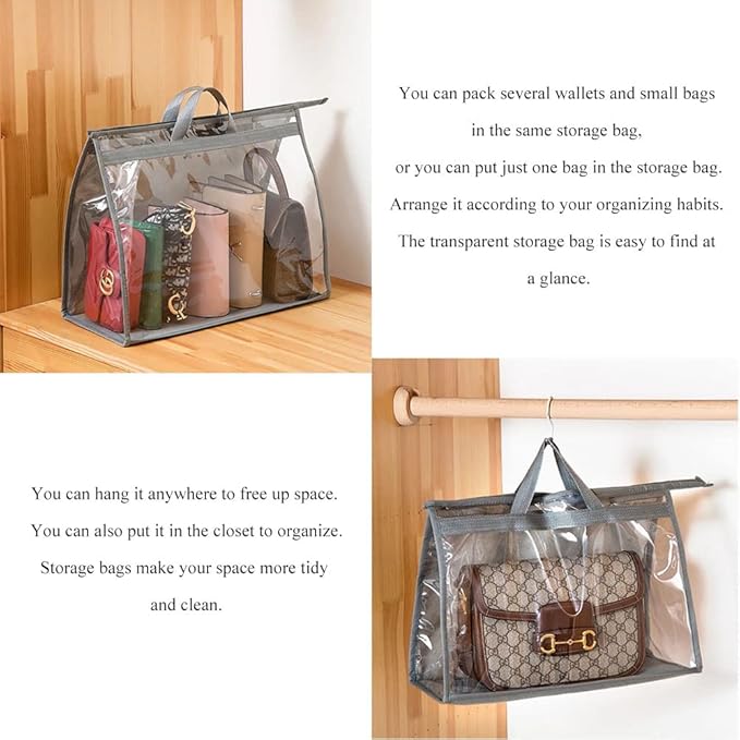 fazhongfa 2PCS Dust Bags for Handbags Clear Purse Storage Organizer Non-Woven Hanging Bag Closet with Zipper and Handle (Large, Light Grey)