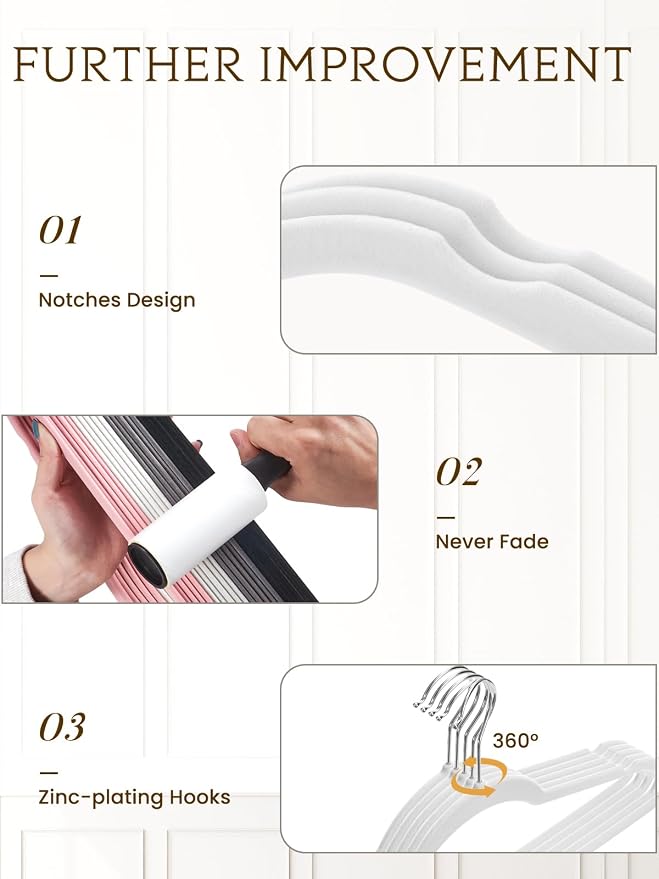 White Velvet Hangers 70 Pack, Non Slip Felt Slim Hangers for Space Saving | 360° Silver Hooks; Shoulder Notches; Heavy Duty for Coats, Suits, Dresses, Shirts, Jackets and Pants for Closet Organizer
