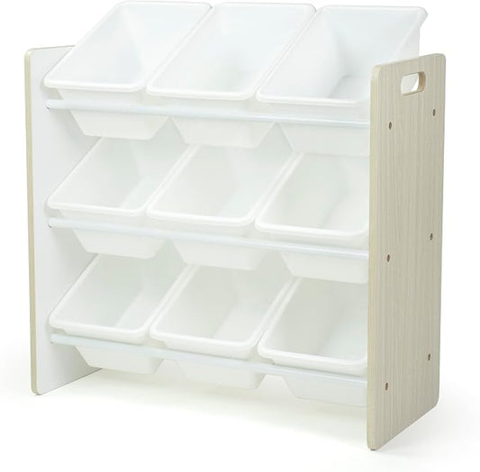 Humble Crew Toy Storage Organizer with 9 Removable Storage Bins for Kids Playroom, 3-Tier Toddler Toy Organization, Light Wood/White