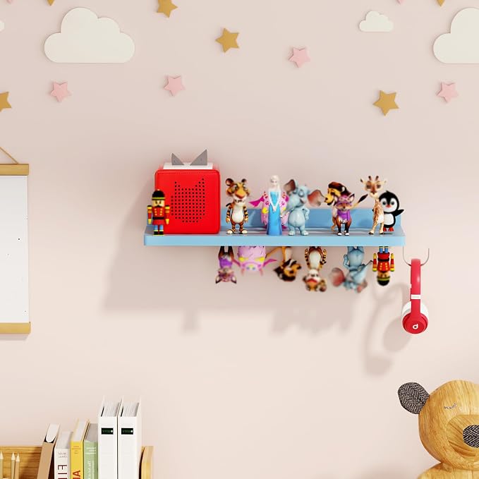 for Tonies Shelf Magnetic - 1 Tier Wooden Tonies Figure Organizer, Blue | Tonies Box Holder, Magnetic Display Shelf for Kids Room, Wall Floating Shelves Toy Storage Compatible Charging Station