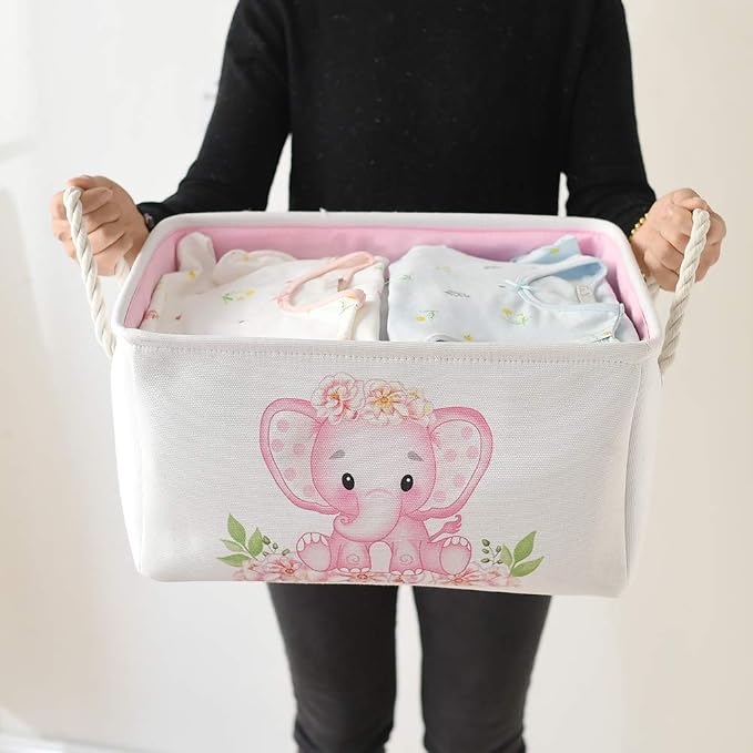 Pink Basket Elephant Storage Bins for Kids, Gift Box for Baby,Collapsible Storage Basket for Toys Clothes,Fabric Laundry Baskets for Baby/Kids/Nursery Room (Medium, Pink Elephant)