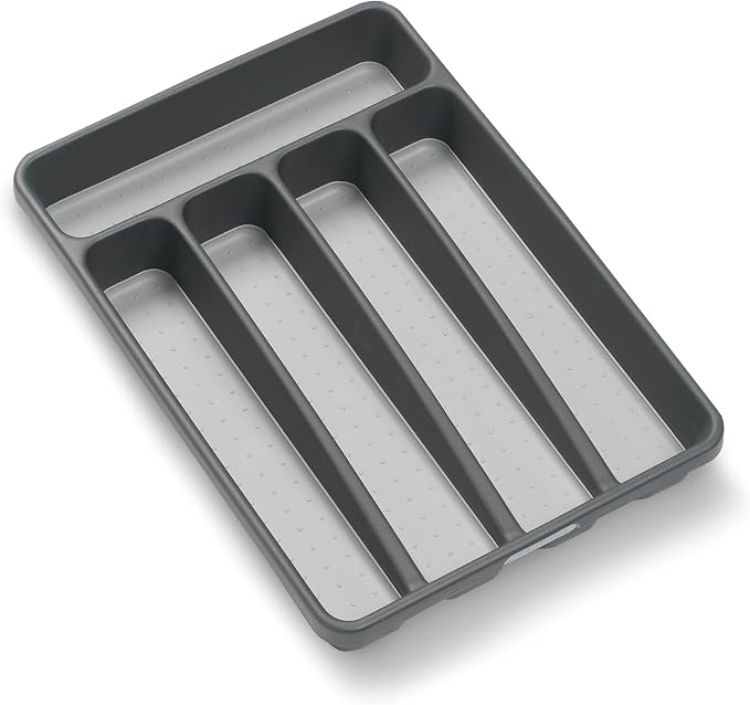 madesmart Small Silverware Tray, 5 Compartment Flatware Organizer for Forks, Knives & Spoons, Non Slip, Soft Grip Lining, Fits Small Drawers, Granite