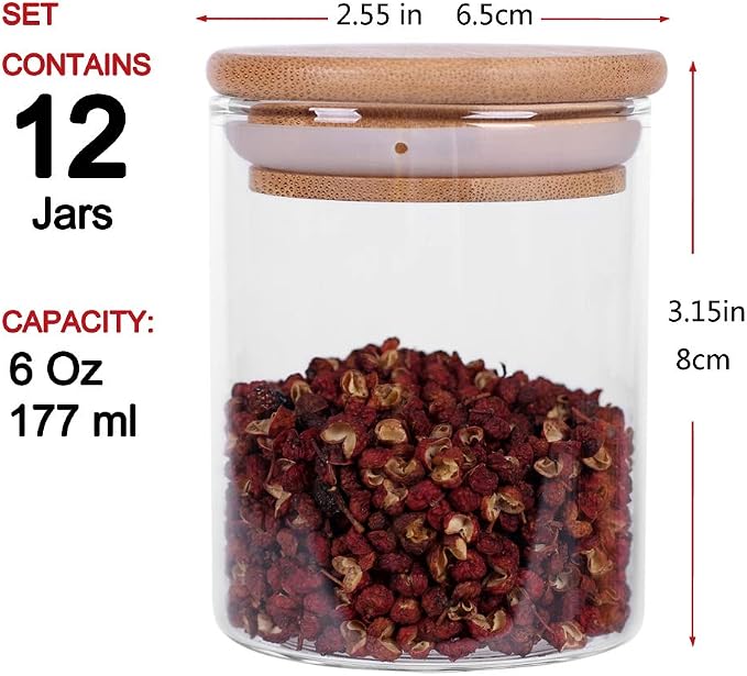 Tzerotone Glass Jars Set,Upgrade Spice Jars with Wood Airtight Lids and Labels, 6oz 12 Piece Small Food Storage Containers for Home Kitchen, Tea, Herbs, Sugar, Salt, Coffee, Flour, Herbs, Grains…