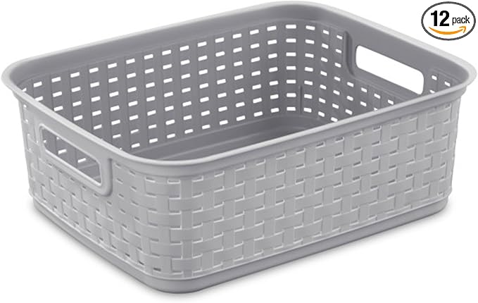 Sterilite Short Plastic Weave Storage Basket, Bin Organization for Countertops, Tabletops and Shelves for Crafts, Jewelry, Gray, 12-Pack