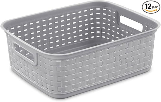Sterilite Short Plastic Weave Storage Basket, Bin Organization for Countertops, Tabletops and Shelves for Crafts, Jewelry, Gray, 12-Pack
