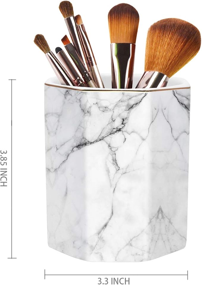 Pen Holder, Stand for Desk Pencil Cup for Girls Kids Durable Ceramic Desk Organizer Makeup Brush Holder for Office, Classroom, Home, White Marble